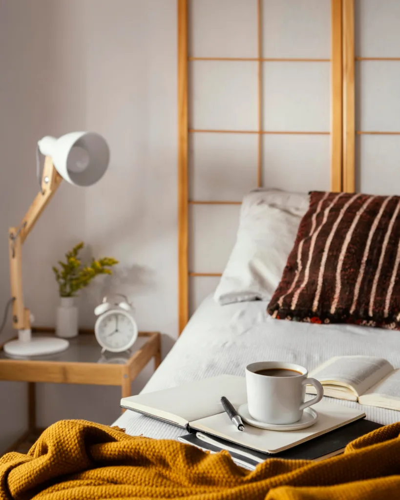 Dormitorio con una taza de café en un libro encima de la cama