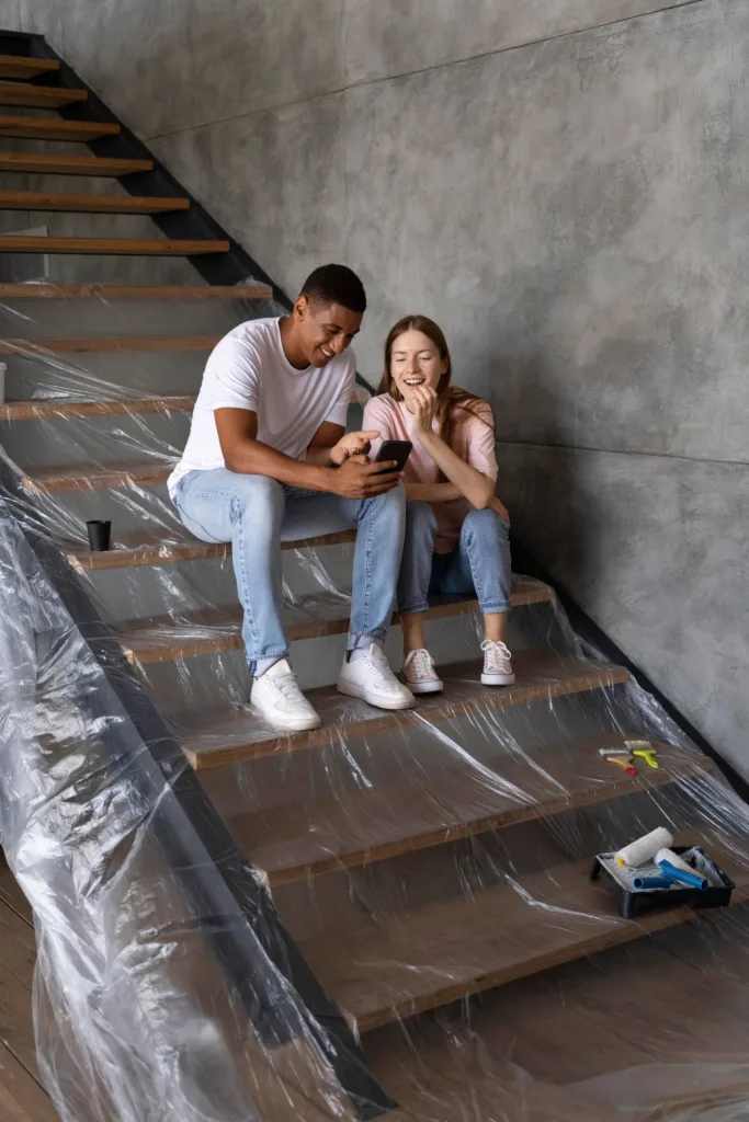 Pareja sentada en las escaleras de una casa en reformas