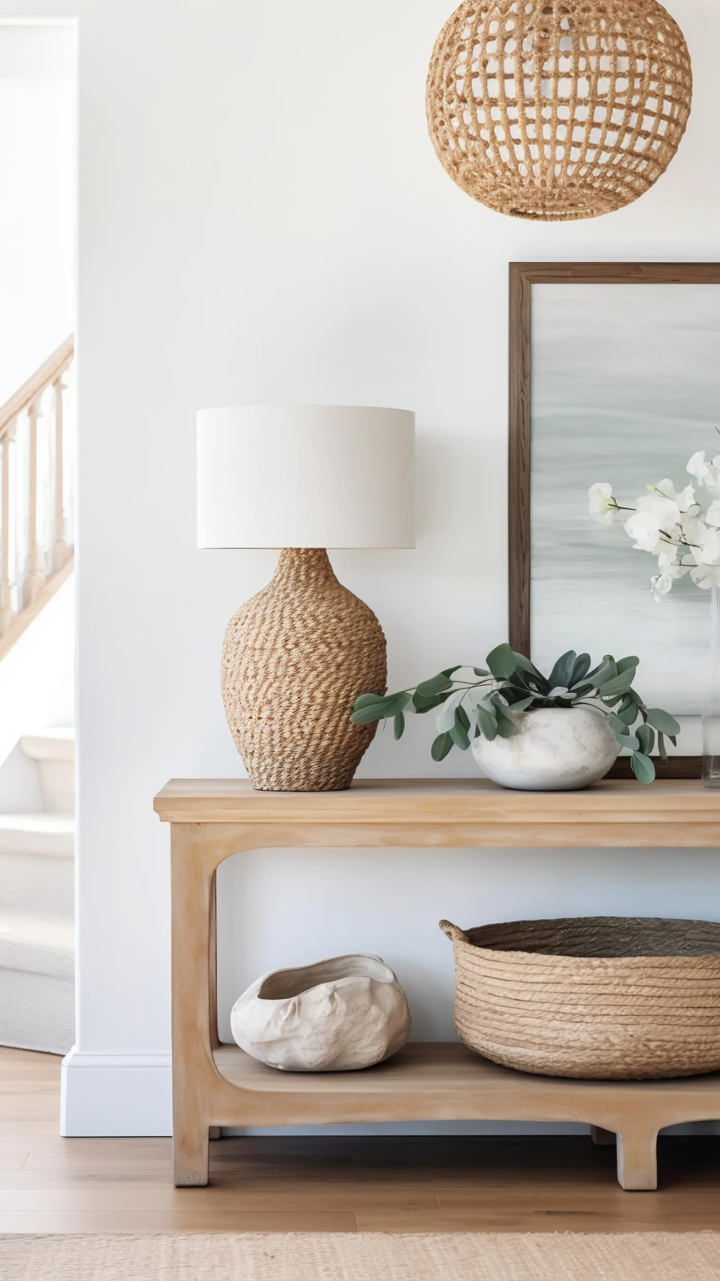 Mesa de madera con una lámpara y una planta