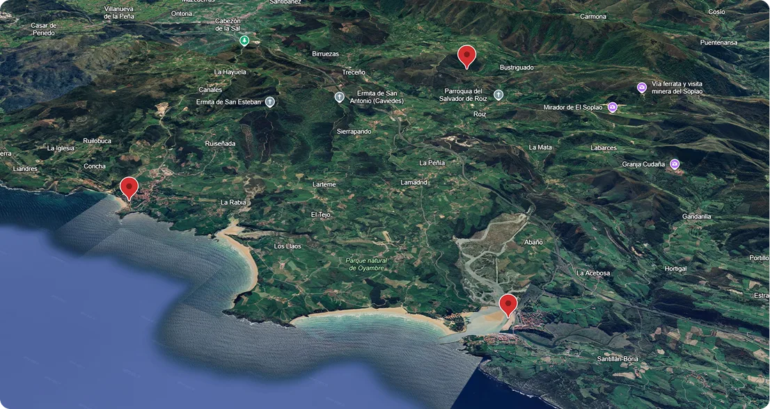 Mapa marcando Comillas, San Vicente de la Barquera y Valdáliga